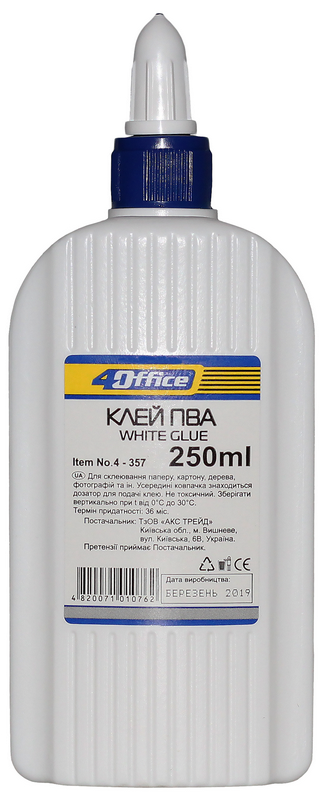 Клей ПВА 4OFFICE (4-357) 250мл, кришка-дозатор